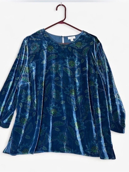 J. Jill Tops - J.Jill Blue Floral Velvet Tunic Top 3/4 Sleeve Side Slits Whimsigoth Boho XL